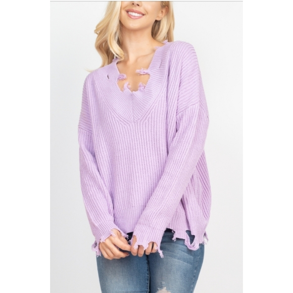 5⭐ Lavender v-neck raw distressed hem thick ribbed knit pullover sweater - Picture 5 of 9